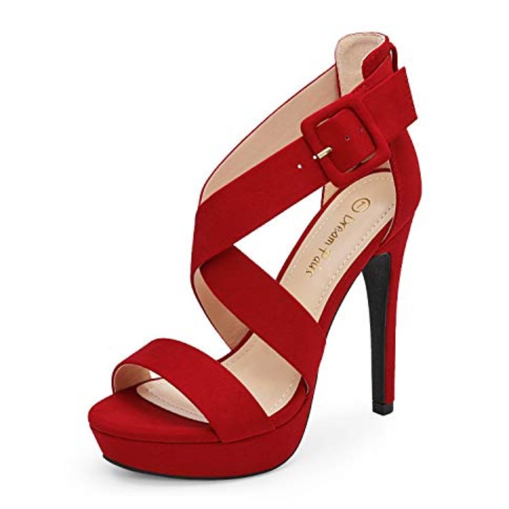 Red Platform Pumps Open Toe Buckle Stilettos- Women's size 9
